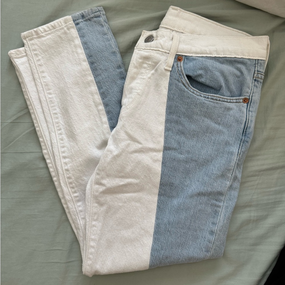 Vintage Levi’s 501 T white and blue denim two-tone straight-leg jeans